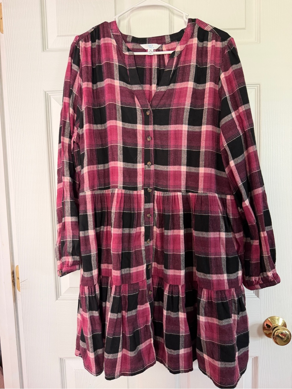 Time and Tru Pink and Black Plaid Button-Front Tiered Long Sleeve Dress